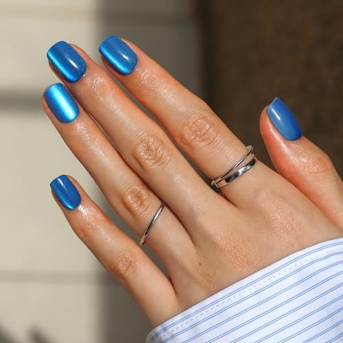 32Pcs Cat Eye Press On Nails Short Square – Royal Blue False Nails Blue Velvet