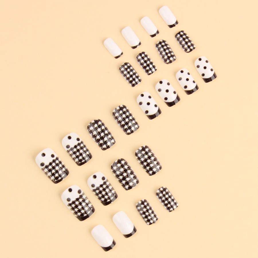 48Pcs-Medium Square Black White Houndstooth Polka Dot French Press on Nails Set