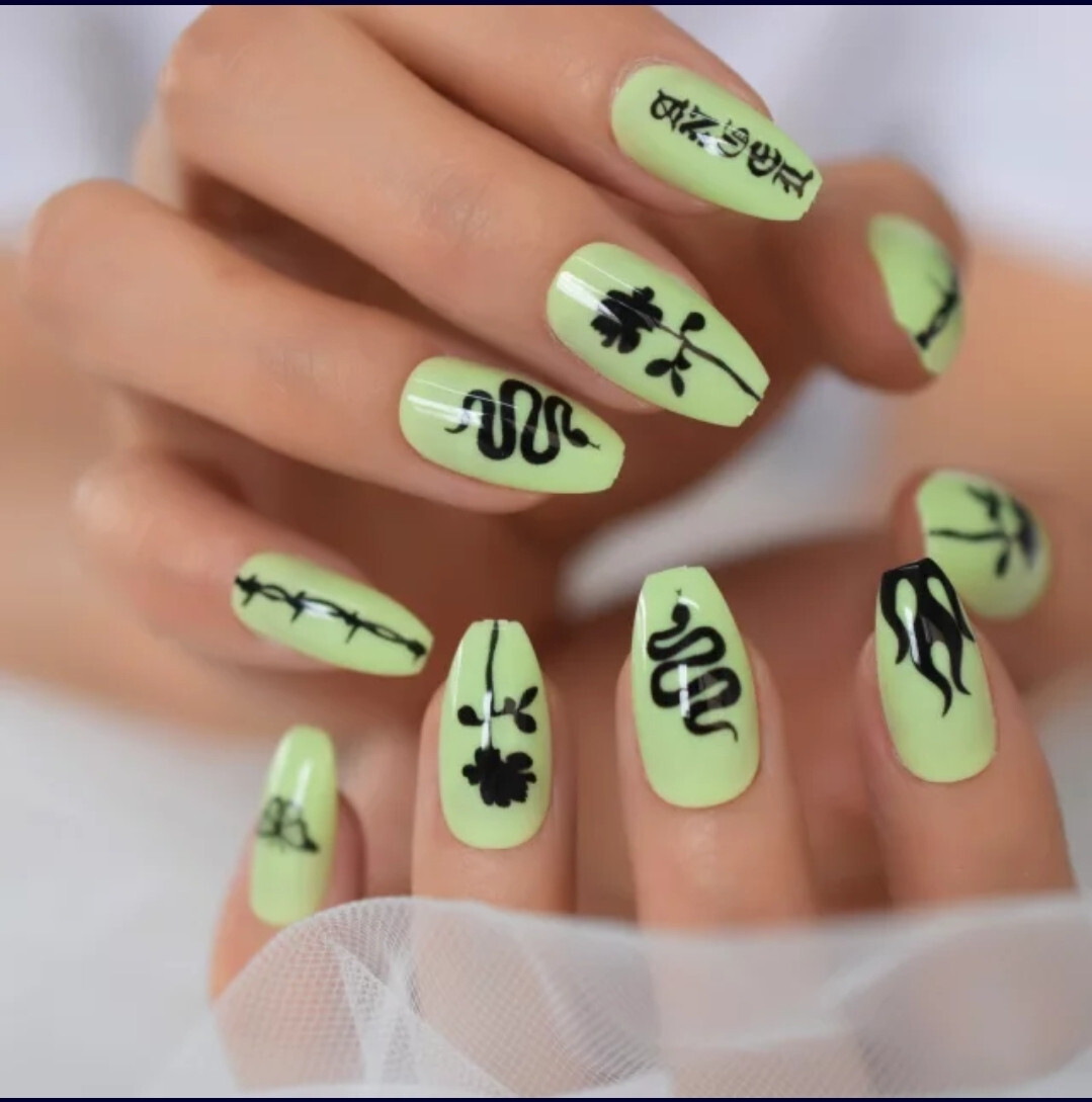24 Medium Press on nails kit w glue Neon Green tattoo snake design goth