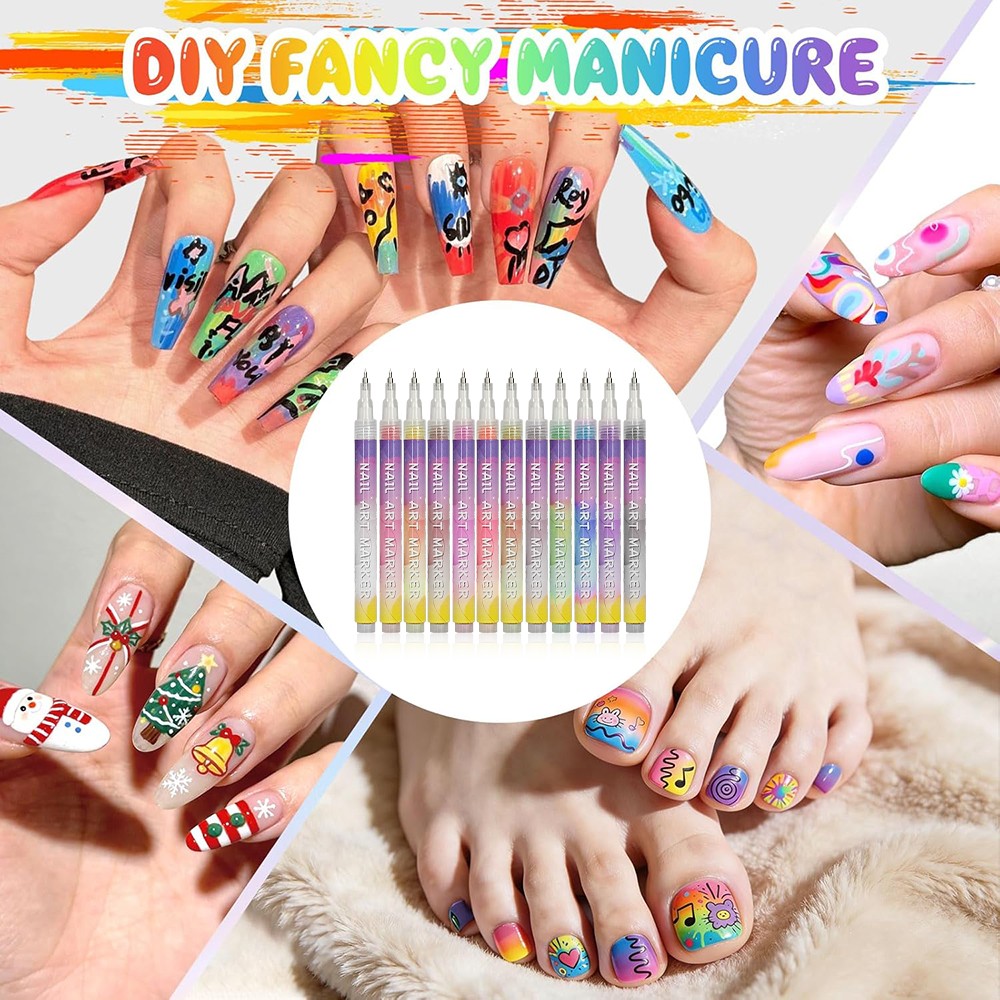 12 Colors Nail Art Pens Set, 2026 New DIY Nail Art Markers Drawing Painting Line