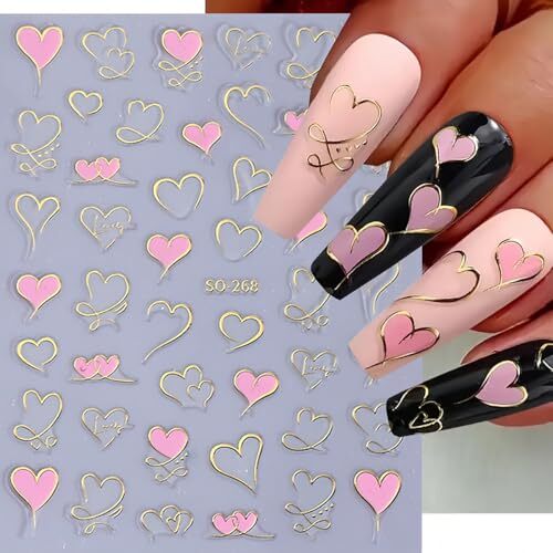 Heart Nail Art Stickers 6 Sheets Valentine’s Day Nail Decals 3D Self Adhesive