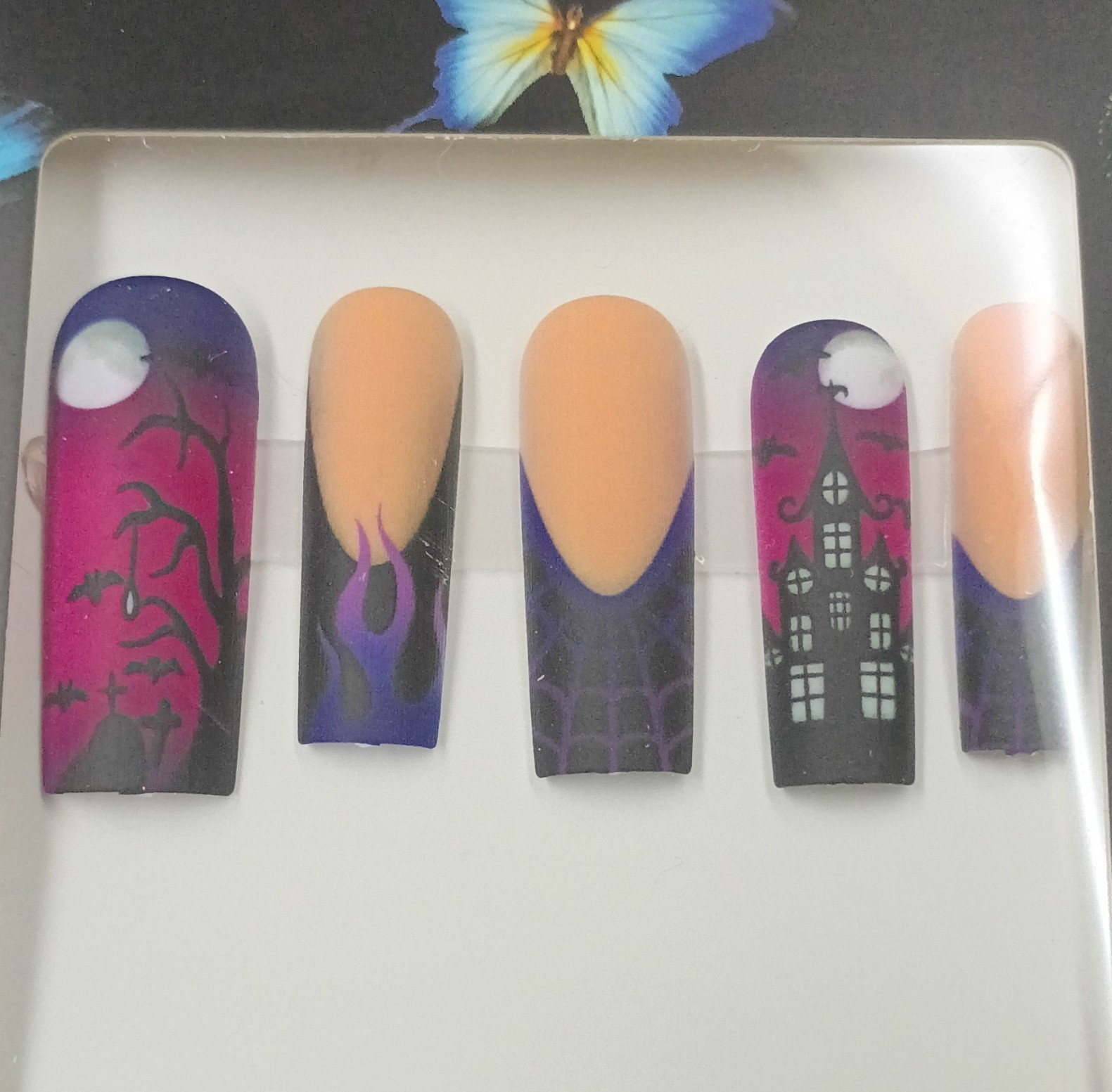 Press-On Nails Long Square Purple Black Orange Matte Halloween Pre-Designed