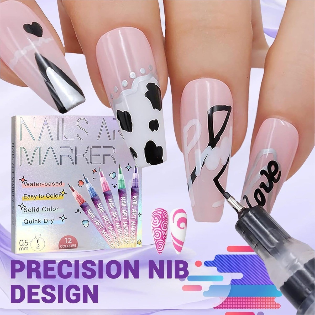 12 Colors Nail Art Marker Pens Water-Based Quick Dry DIY Manicure Design Kit