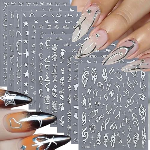 12 Sheets Silver Nail Art Stickers, 3D Self-Adhesive Bronzing Sun Moon Style25