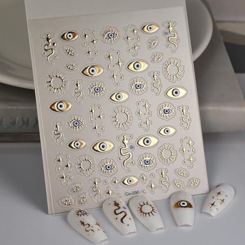 Gold Evil Eye Nail Art Stickers 3D Gold Nail Stickers Star Snake Nail Style-12
