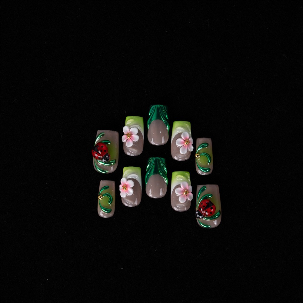 10pcs Nude Green Square Nails 3D Ladybug Floral Spring Luxury Acrylic