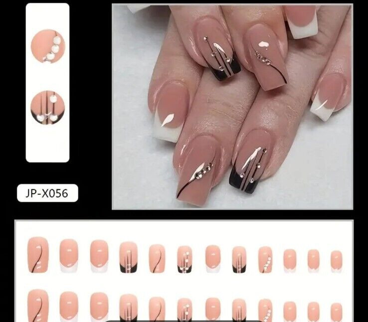 DO-IT-YOURSELF 24Pcs Glossy Press On Nails Nude Square French Tip Medium Length