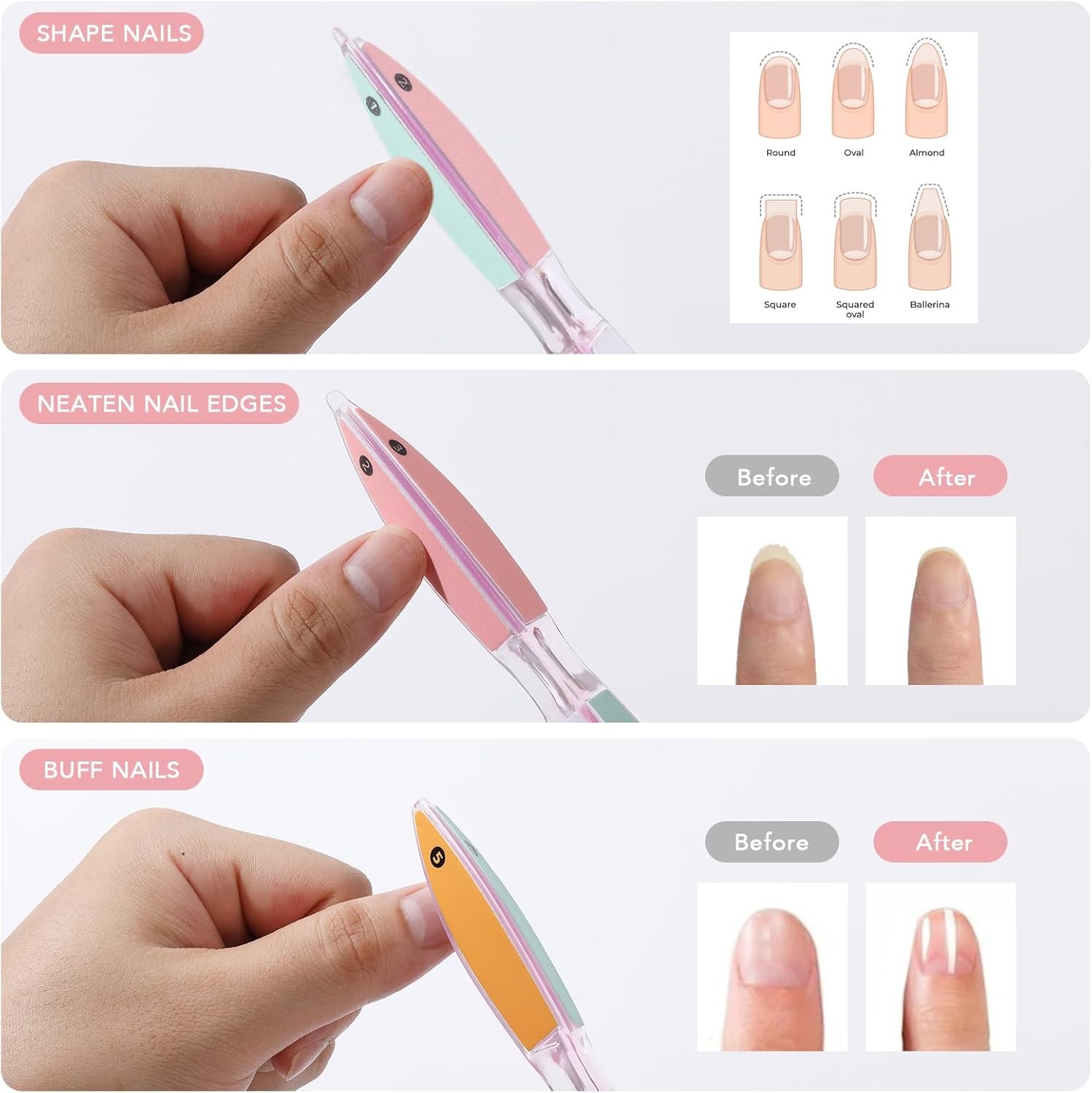 6 Sided Nail File and Nail Buffers, Multi-Functal Nail File for Shaping