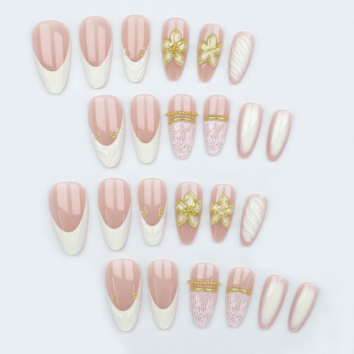 White French Tip Press on Nails Medium Almond Fake Nails with Lace and 3D Scu…
