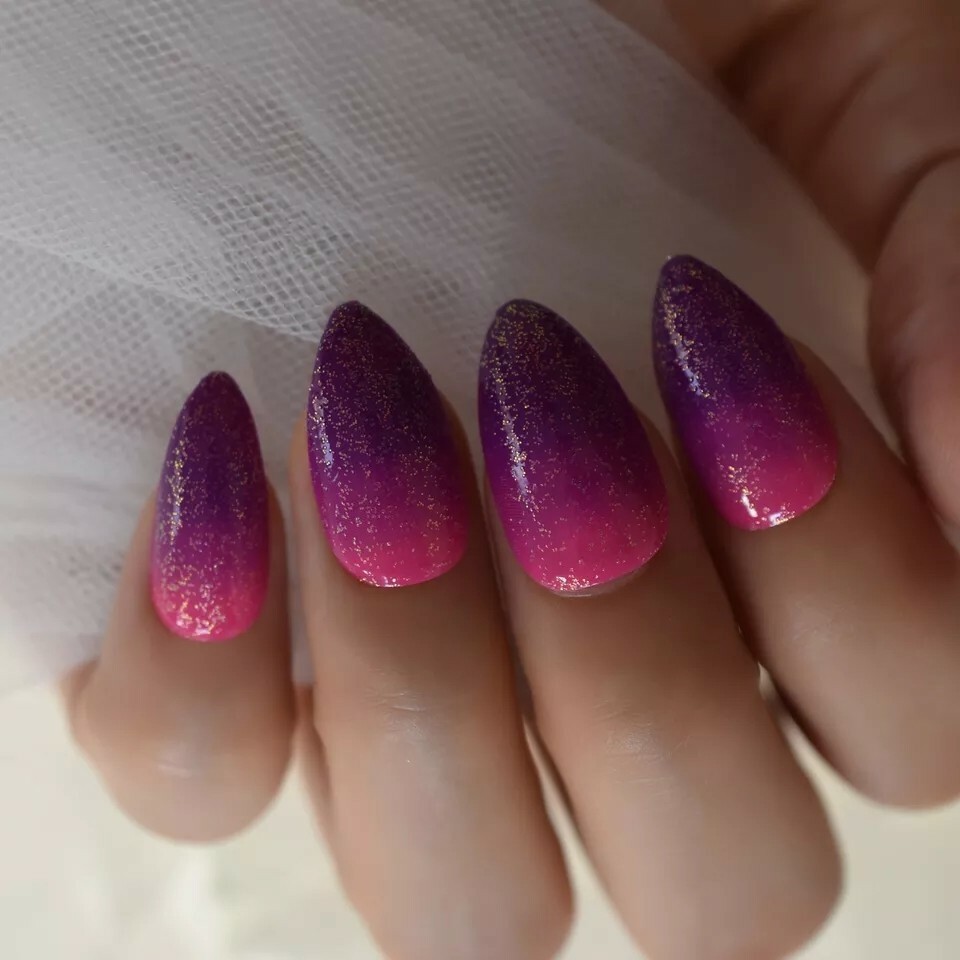 24 Ombre pink purple Press On Nails w/ Glue pointed almond stiletto glitter