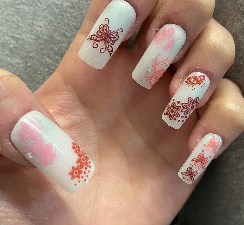 12 Sketch Henna Mehndi Arty Red Pink Butterfly Flower Nail Transfers Uk Seller