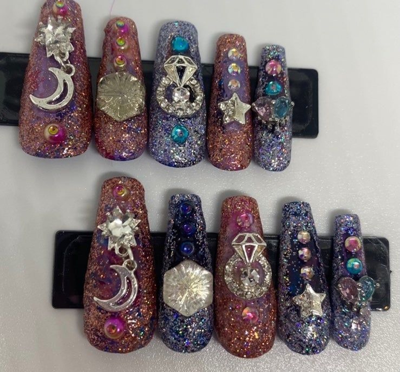 Pink and Blue Glitter Glam Handmade Press On Nail Set