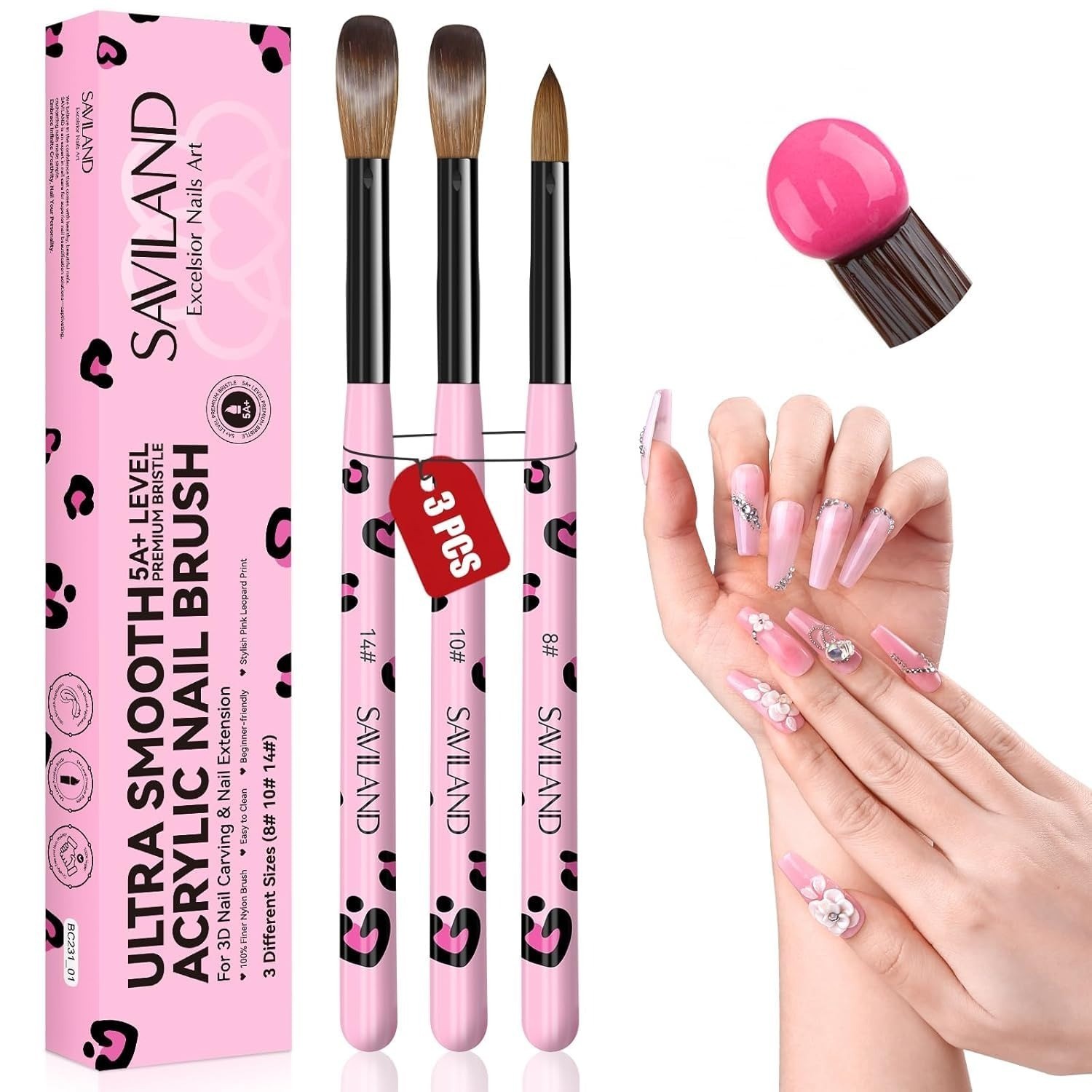 SAVILAND Acrylic Nail Brush Set – 3PCS Kolinsky Brushes for Nail Art