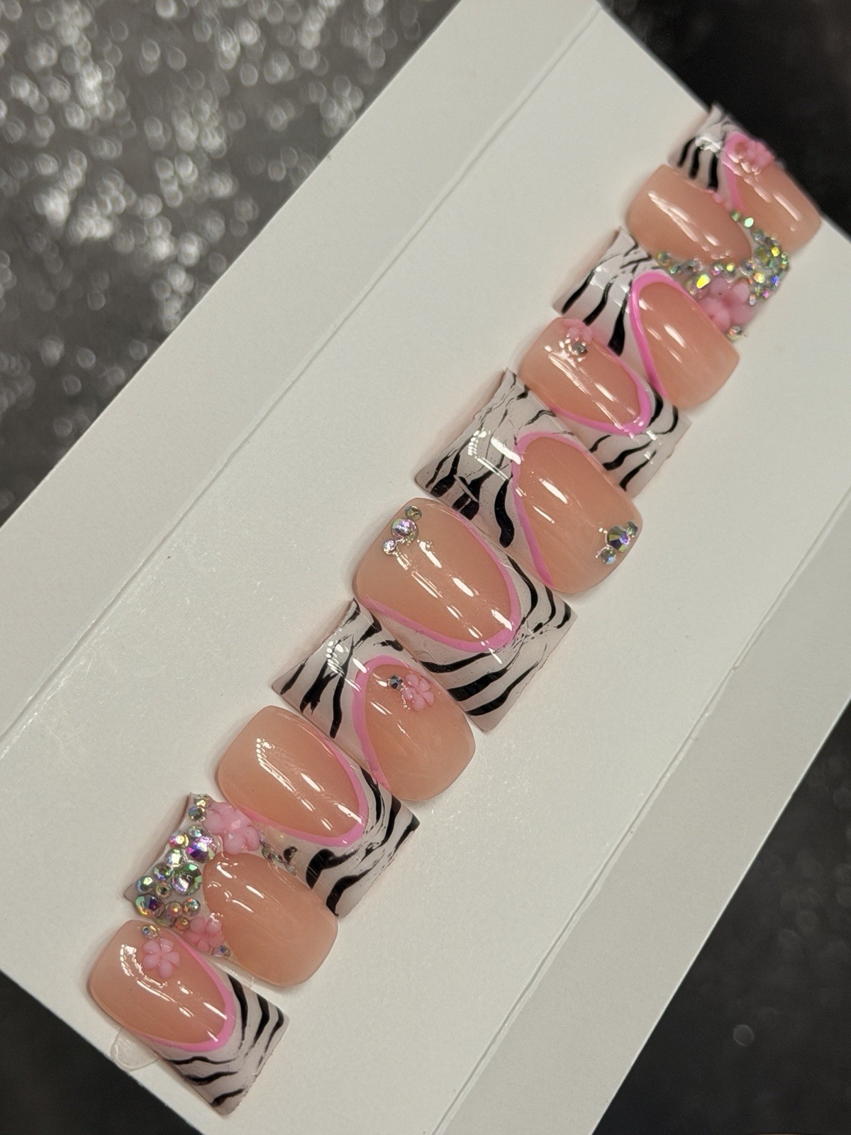 🎀 CUSTOM Hard Gel Press On False Nails French ZEBRA 10p Set SHORT DUCK W Kit