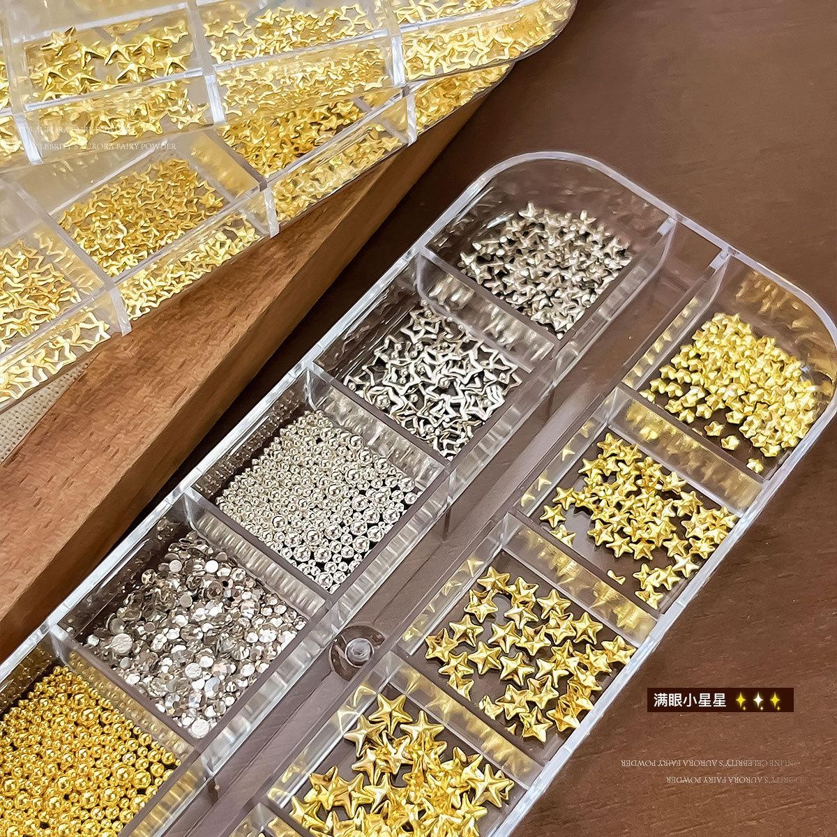 12-Grid Mixed Nail Charms Alloy Star Rivets Steel Balls for Acrylic Gel Manicure