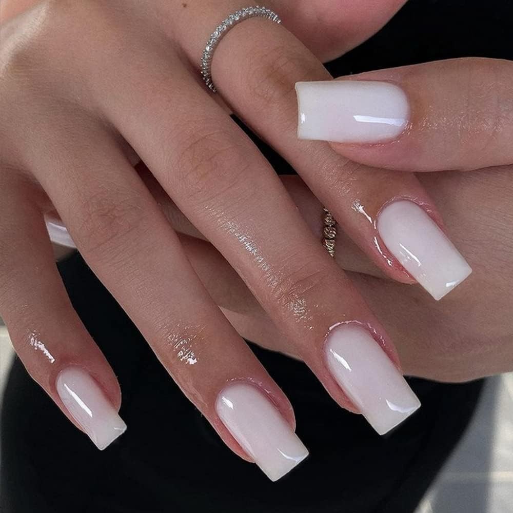 KQueenest Medium Long Press On Nails 0.04 Ounce (Pack of 24), glossy white