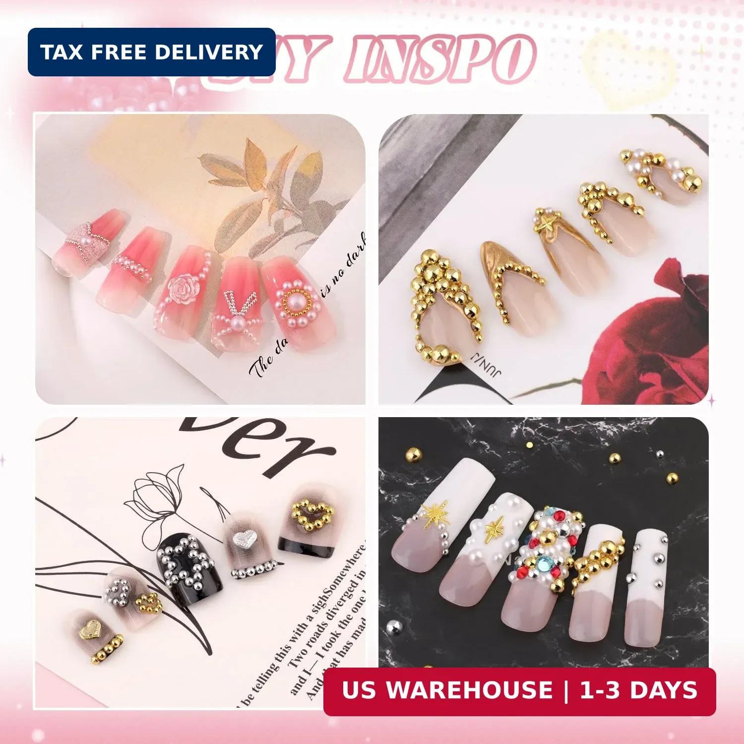 Flatback Nail Pearls Gems, Half Round Silver and Gold Nail Charms Beads and Whit
