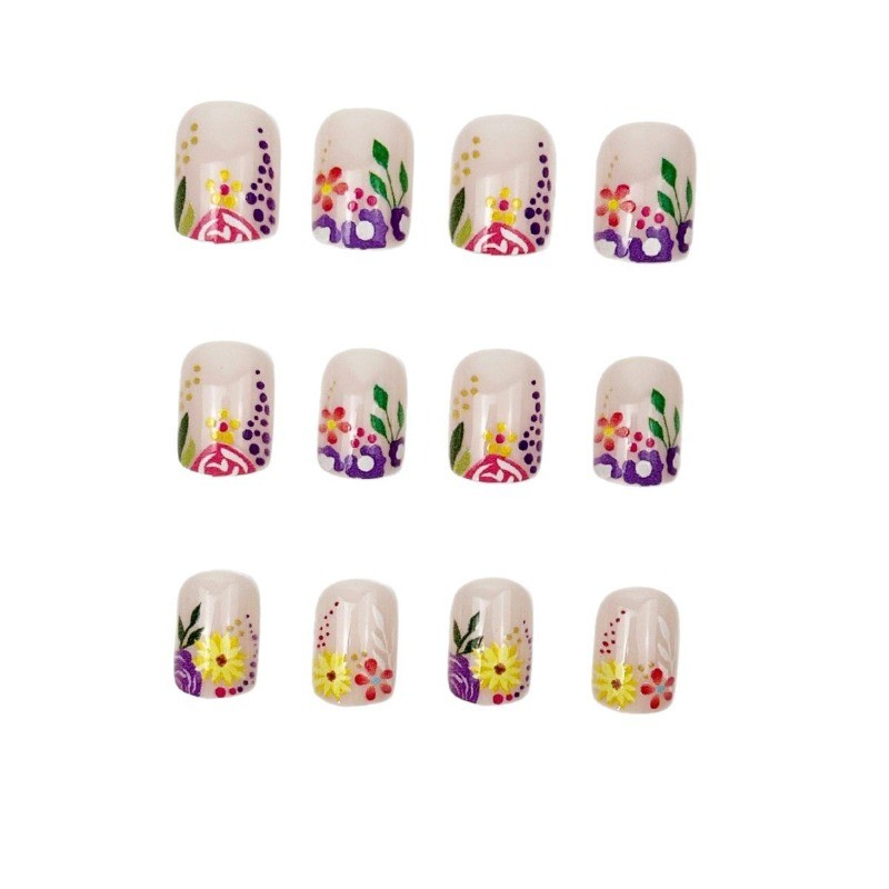 48pcs-Nude Nails with Hand-Painted Colorful Flowers, Leaves and Tiny Rhinestones