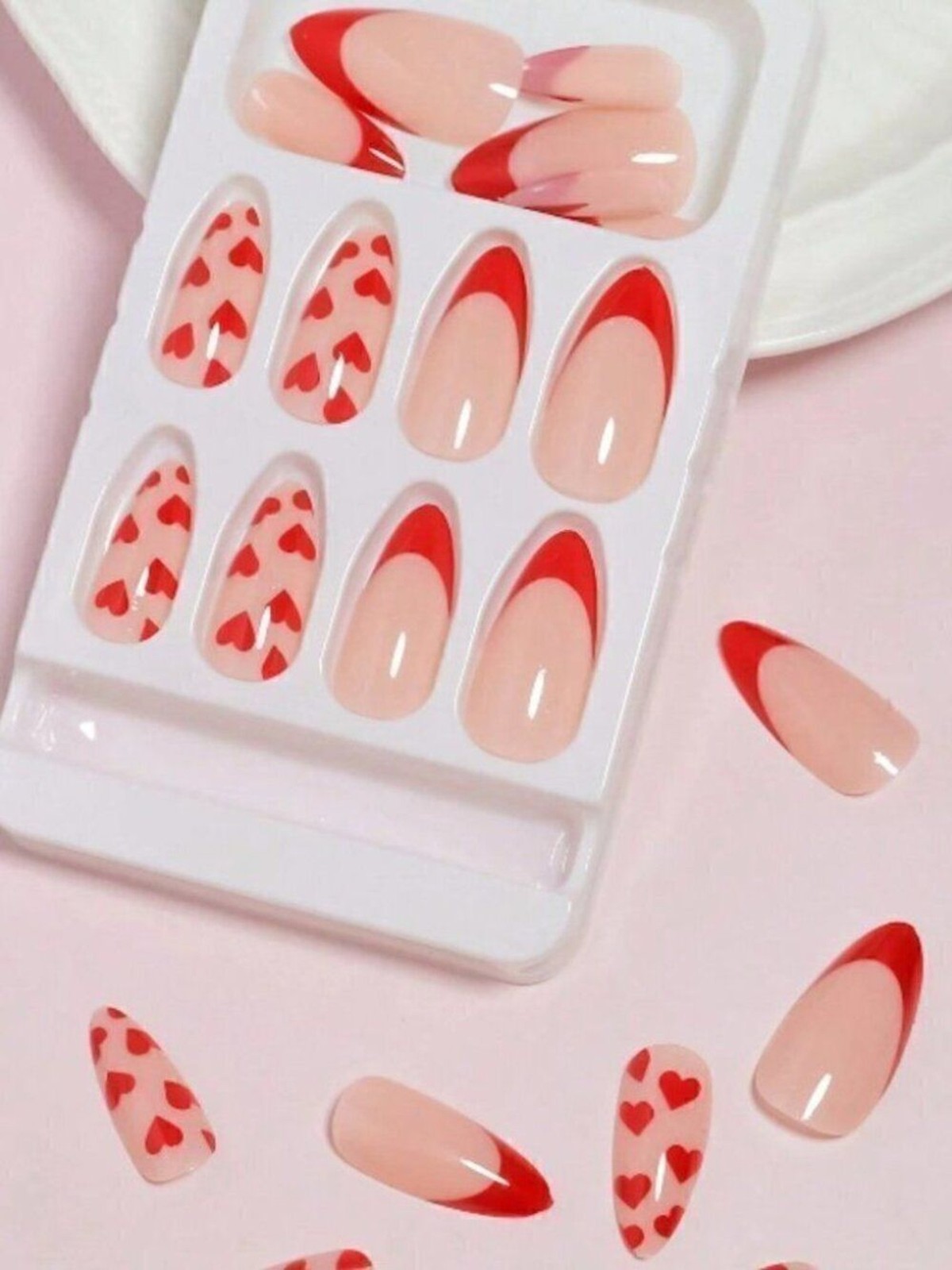 4 Boxes 24 pc Medium Magic Press on Nail Tips Y2K Lovely Cherry Red Heart Design
