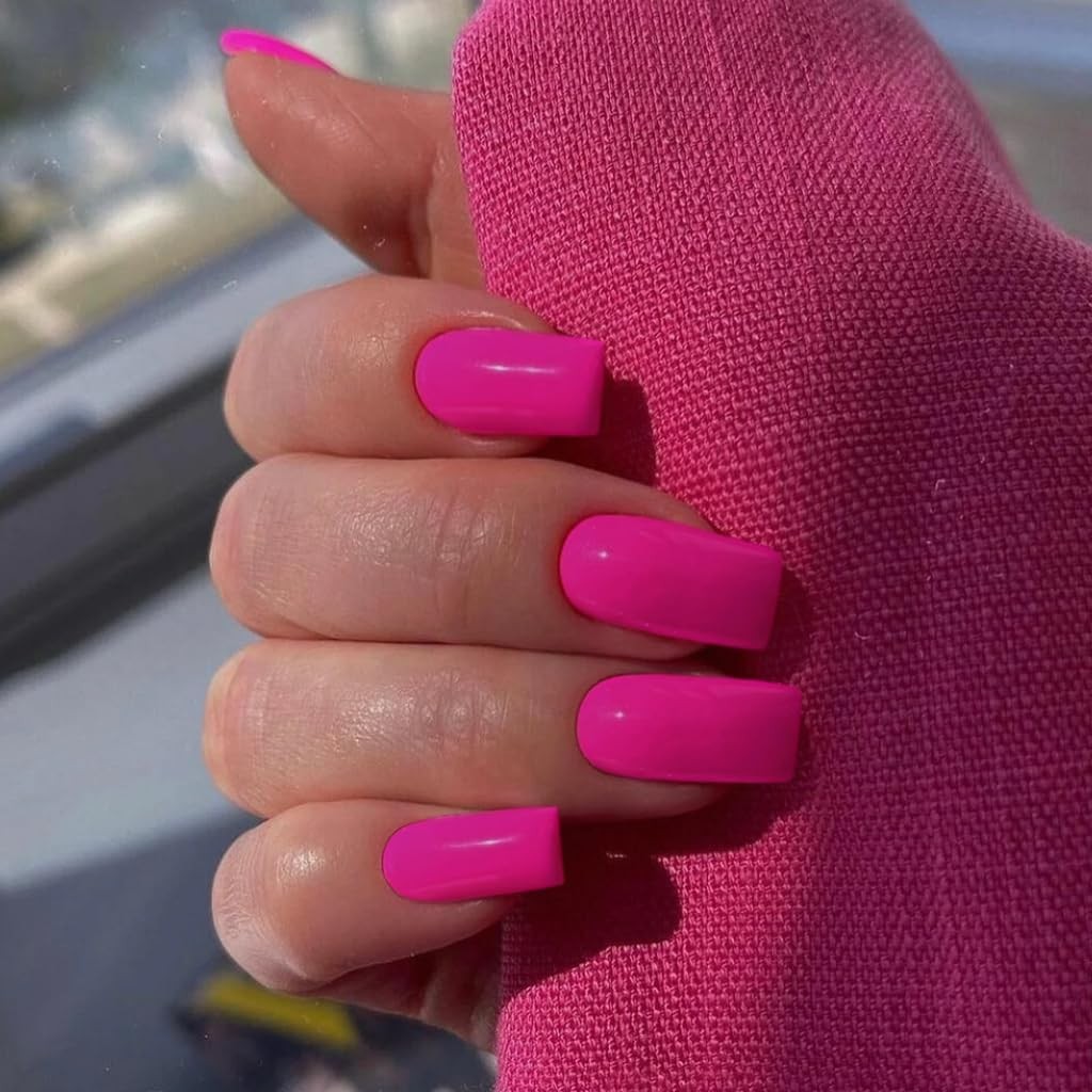 KQueenest Long Medium Press On Nails 0.04 Ounce (Pack of 24), glossy hot pink