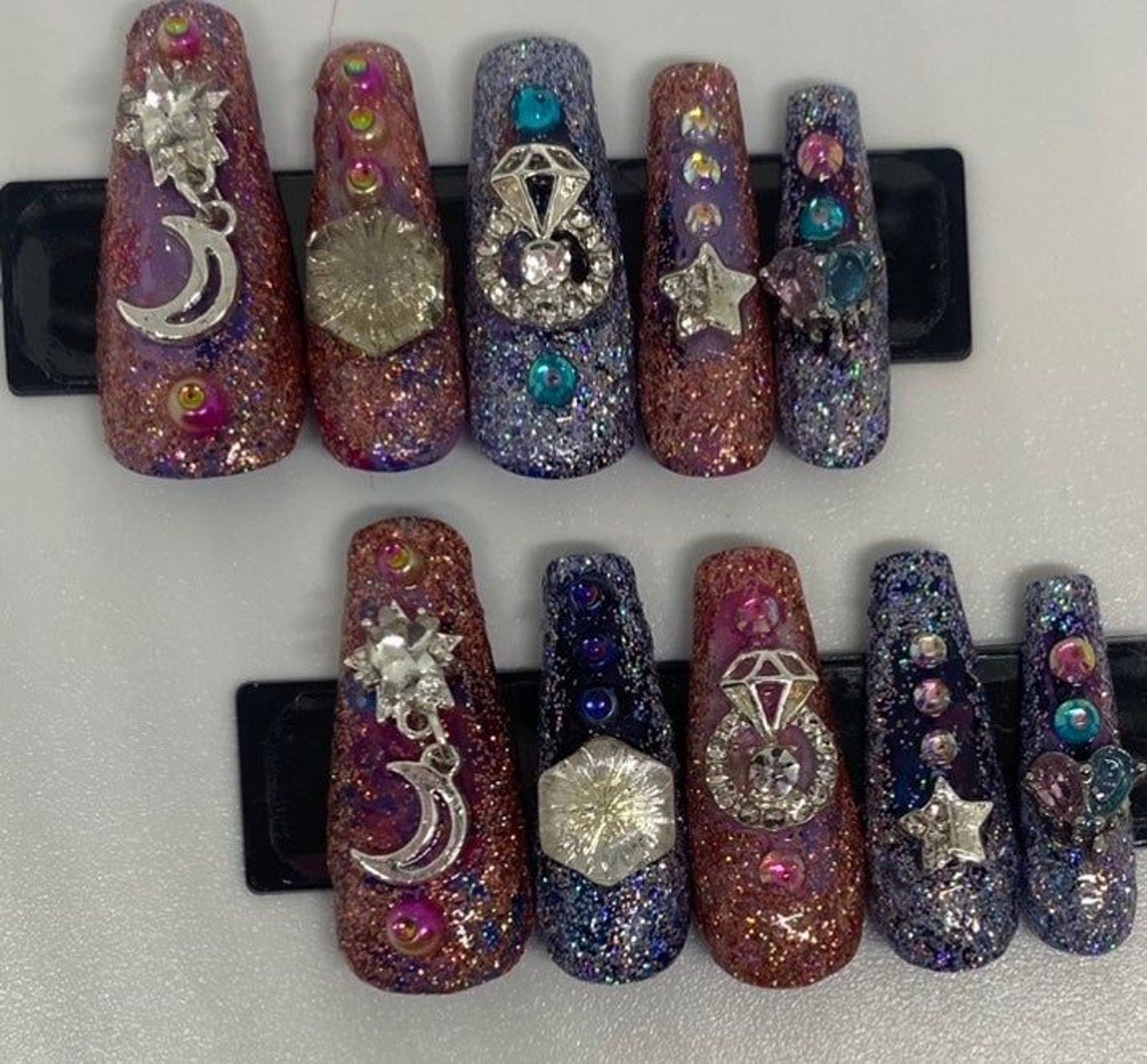 Pink and Blue Glitter Glam Handmade Press On Nail Set