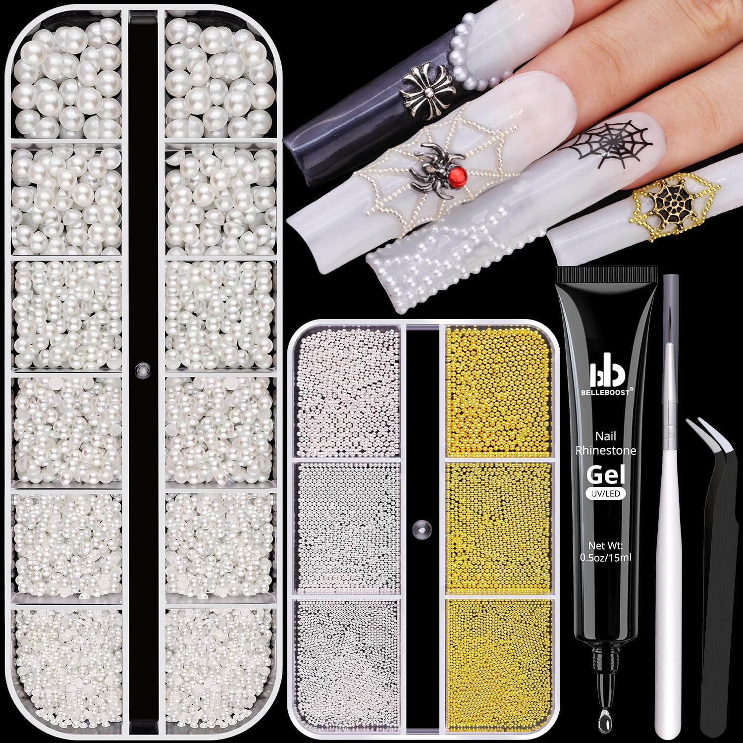 Flatback Nail Pearls Gems Half round Silver and Gold Nail Charms Beads | Beige W