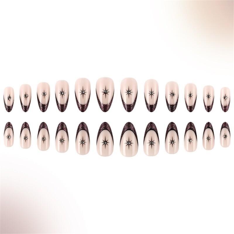 24 Pieces Short Length Almond Press On Nail Glitters Star Designs French Tip