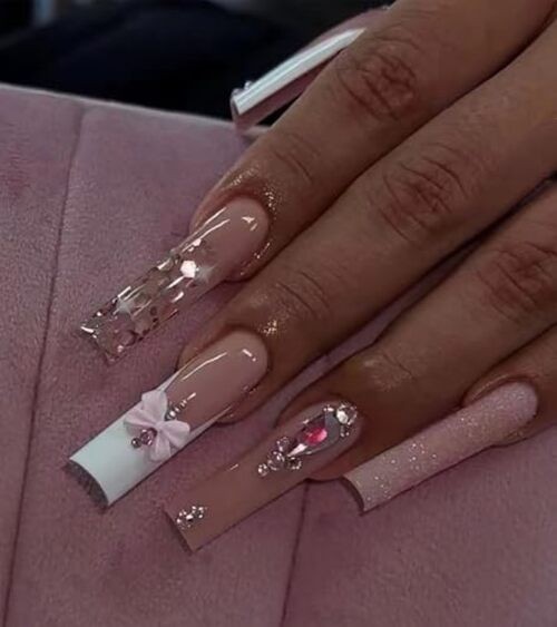 Press on Nails Extra Long – Square Press On Nails 05-French Tips with Bows