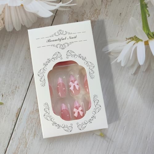 24Pcs French Press on Nails Almond Fake Nail Cute Pink False Nails with 3D bow