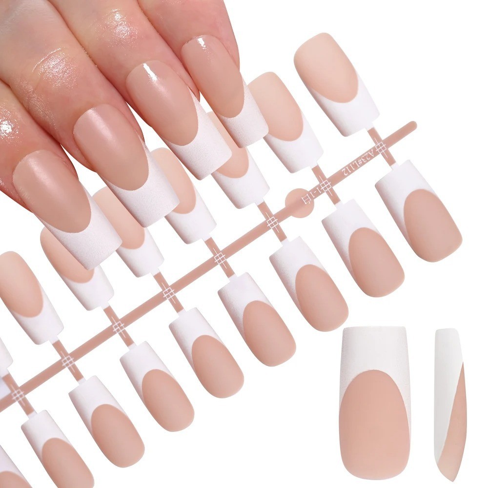 120PCS Medium Long Square Press On Nails French Tip Full Cover Acrylic False Nai