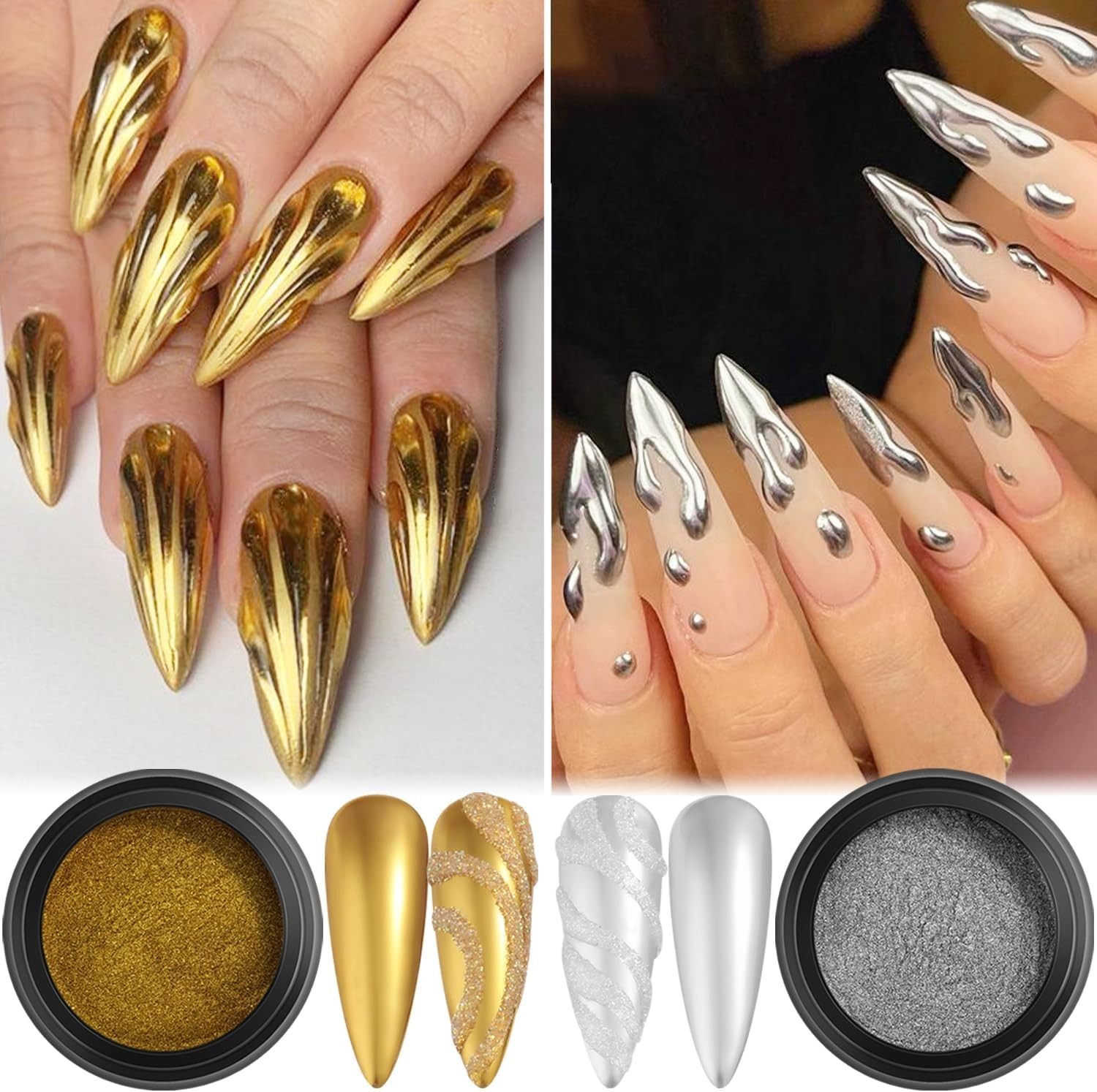Set de Polvo Cromado para Uñas 14 Colores Efecto Metalizado y Holográfico