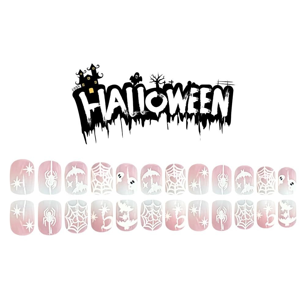 Mkwntg 24Pcs Halloween Press on Nails Short Square Fake Short, Multicolor