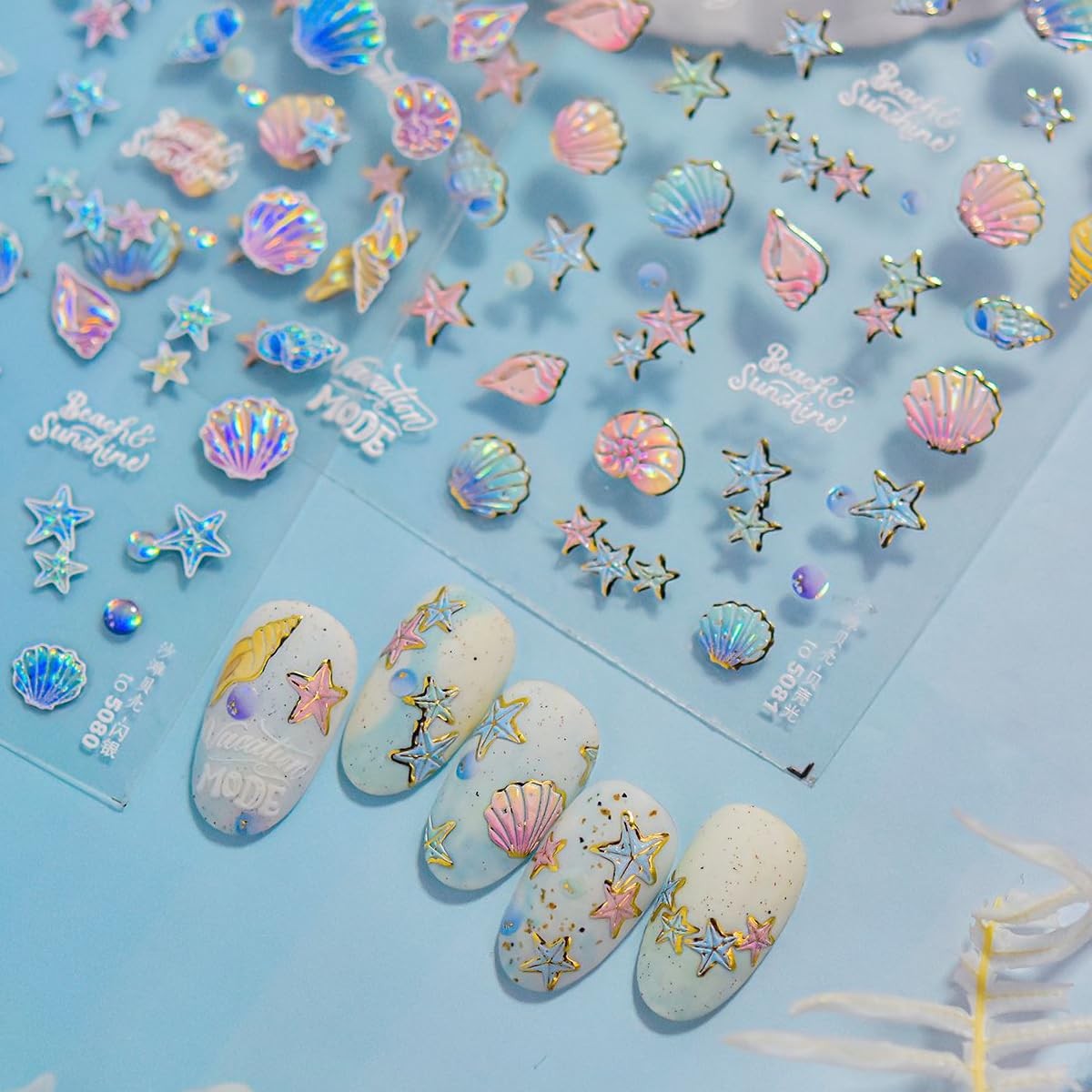 1 Sheet Marine Life Nail Stickers Shell Light Nail Design Stickers 5D Embosse…
