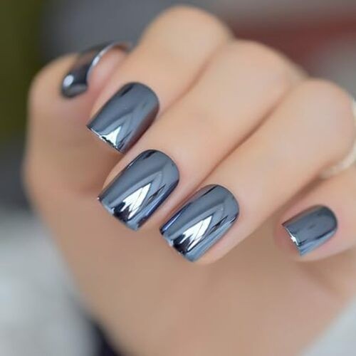 Glossy Metallic Dark Blue Mirror Press On Nails – Soild Color – Short Fake