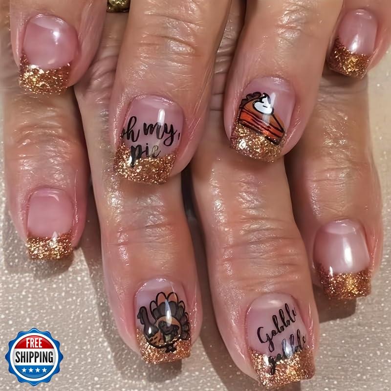 SHUXILIN Thanksgiving Press on Nails Short Square Fake Nails with Turkey Pizz
