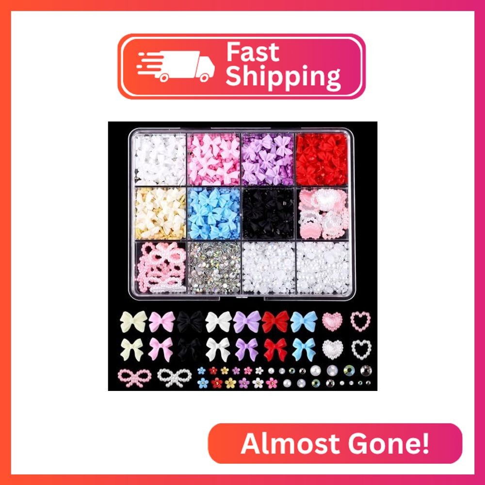 AMLAVIFISH 1000 Pcs 3D Nail Charms and Flatback Pearls Set 12-7 Colors Nail Bows