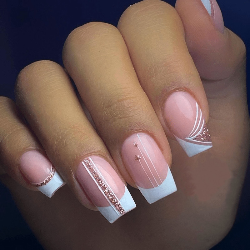 48Pcs-Elegant Nude Square French Rhinestone Rose Gold Glitter Press on Nails