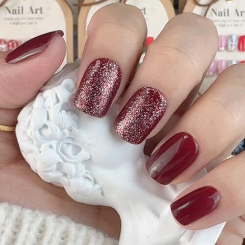 Press on Nails Short Square Acrylic Fake Nails with Apricot Wine Red Glitter