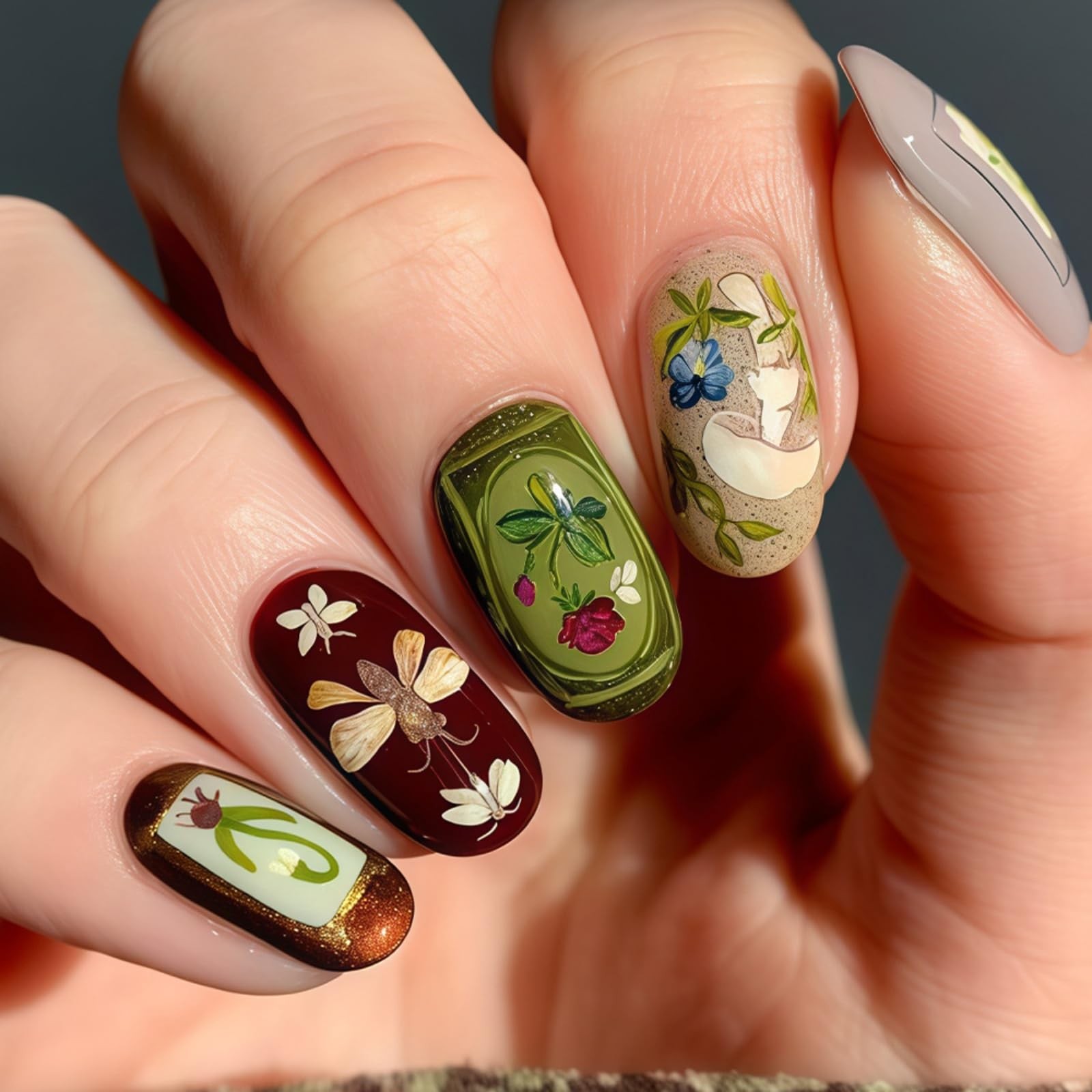Vintage Botanical Press on Nails Short Oval Fake Nails Oil Painting False Nai…