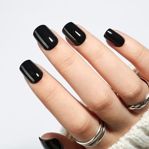 30pcs Black Press On Nails Short Square Glossy Acrylic Gel Fake Nails 15 Sizes