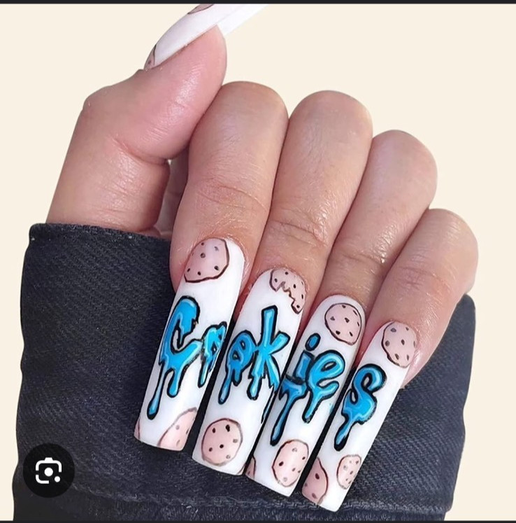 24 Pcs Press-On Nail Long Coffin Glossy – Pink & Blue COOKIES – Chocolate Chips