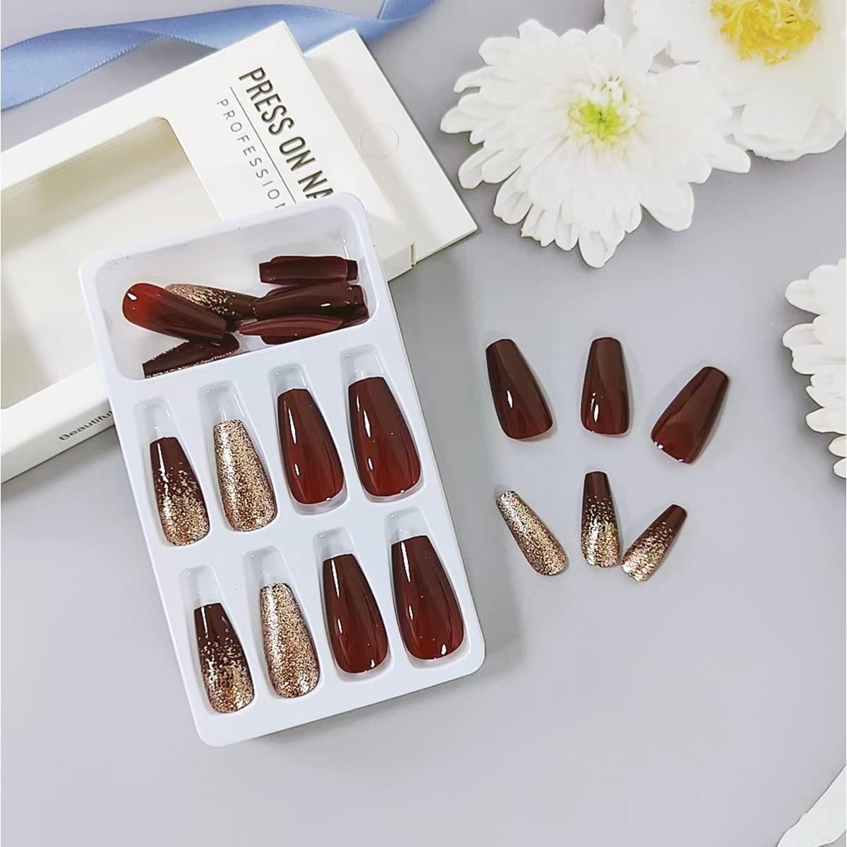 24Pcs Dark Wine Red Press on Nails Long Fake Nails Elegant Wine Red Gradient Des