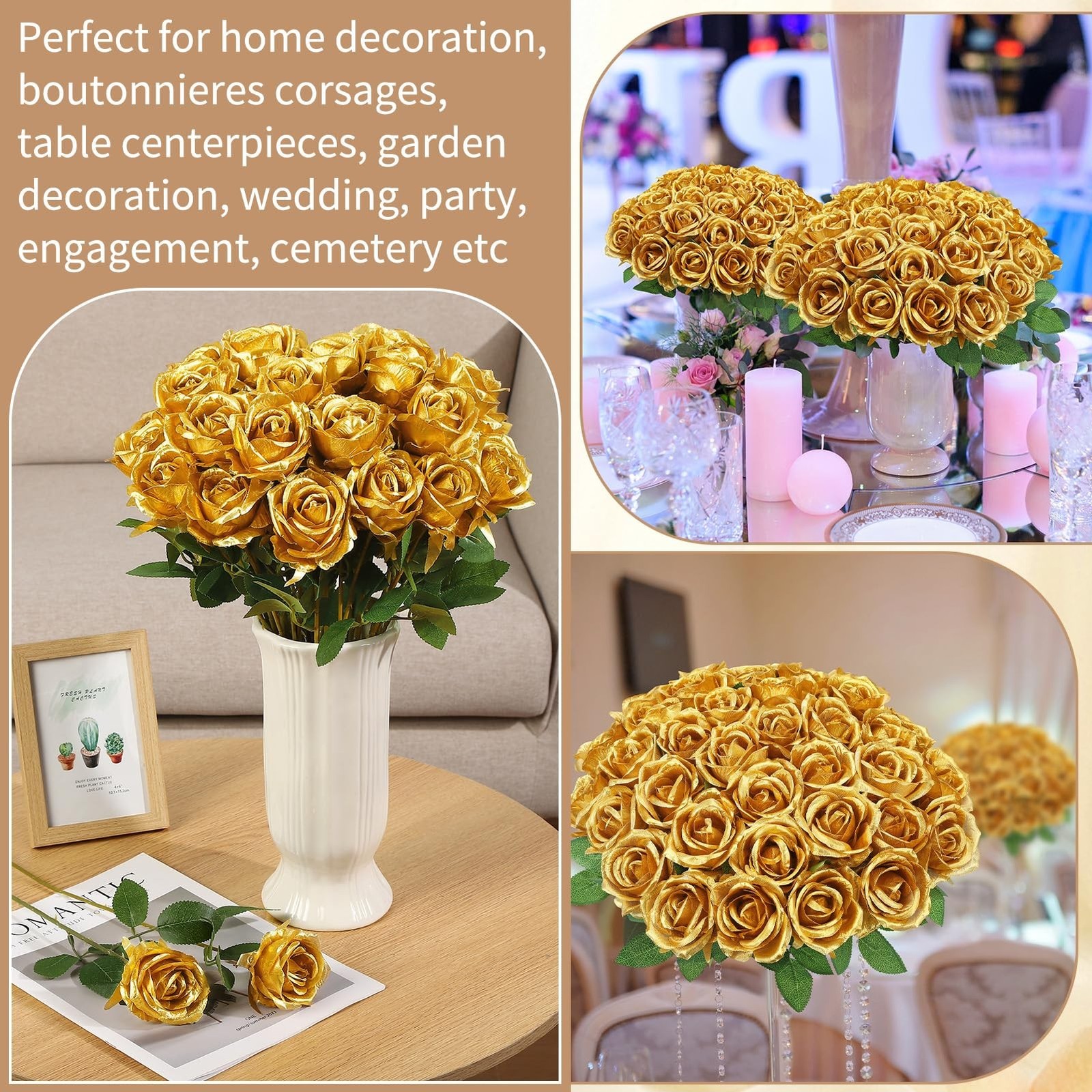 36 Pcs Gold Artificial Roses with Long Stems, Fake Silk Rose Artificial Flowe…