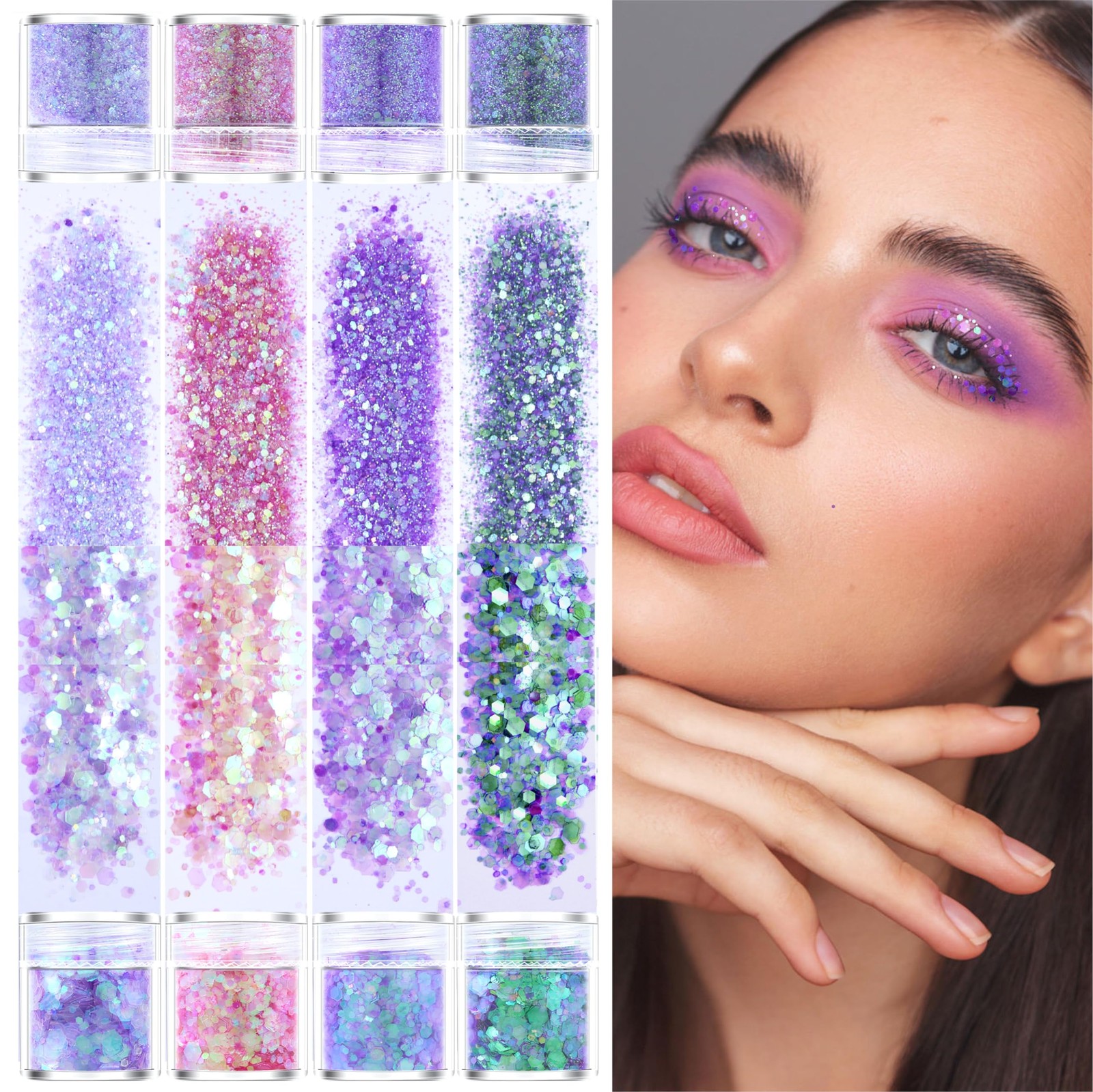 8-Jar Mermaid Purple Glitter Set, Holographic Fine Powder & 1mm & 2mm & 3mm S…