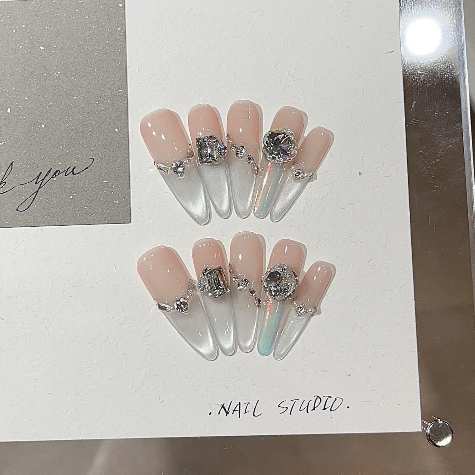 10Pcs Handmade White Moon Cat Eye Long Pointed Nails Full Rhinestones