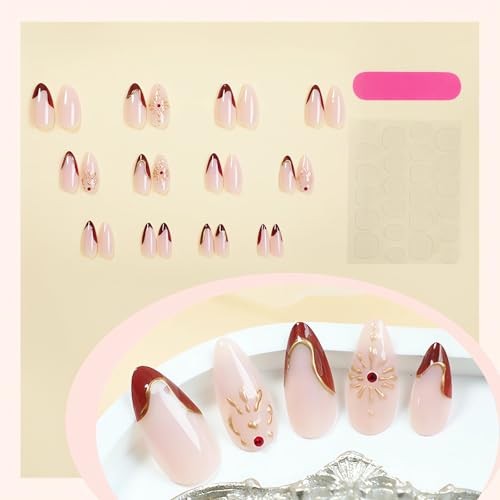 24Pcs French Tip Press on Nails Medium Fake Nails Almond Shape Gold style3