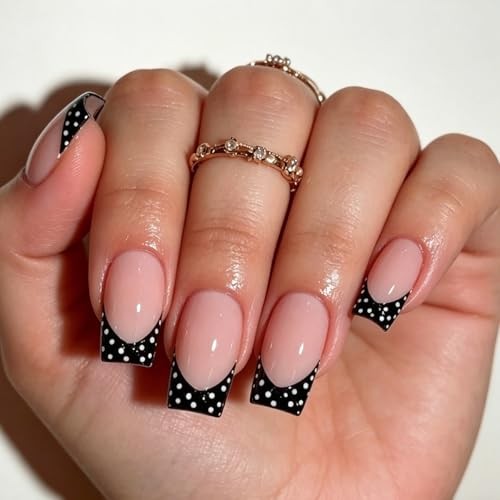 Black French Tip Press on Nails Short Square Fake Nails Polka Dots Style 2