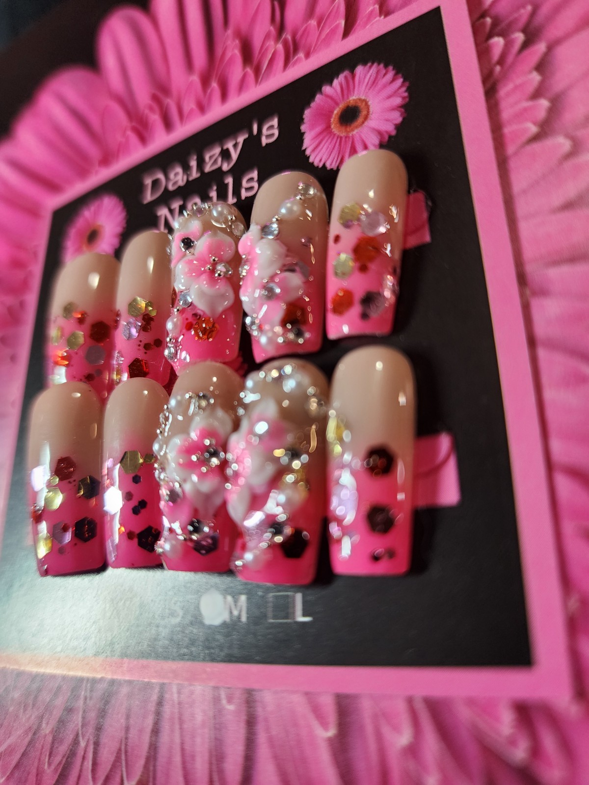 Medium Size Pink Chunky Glitter 3D Floral Nail Set Handmade Square 2.5 Cm Length