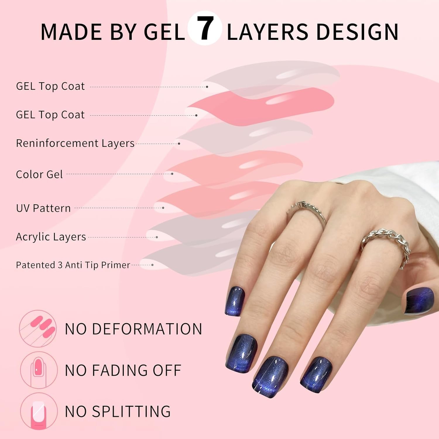Dark Blue Track Cat Eyes Press On Nails,12 Sizes – 24 Pcs Soft Gel Short Blue Bl