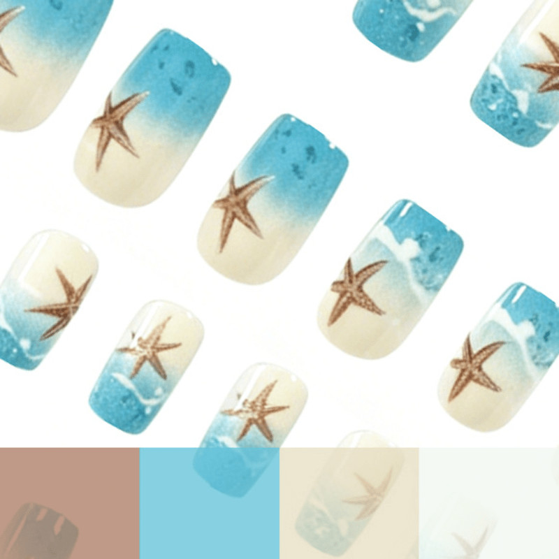 48pcs Short Square Press on Nails, Blue Wave 3D Starfish Beach Summer Nails